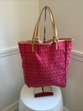 Fendi Pink Zucca Monogram Tote with Tan Leather Straps